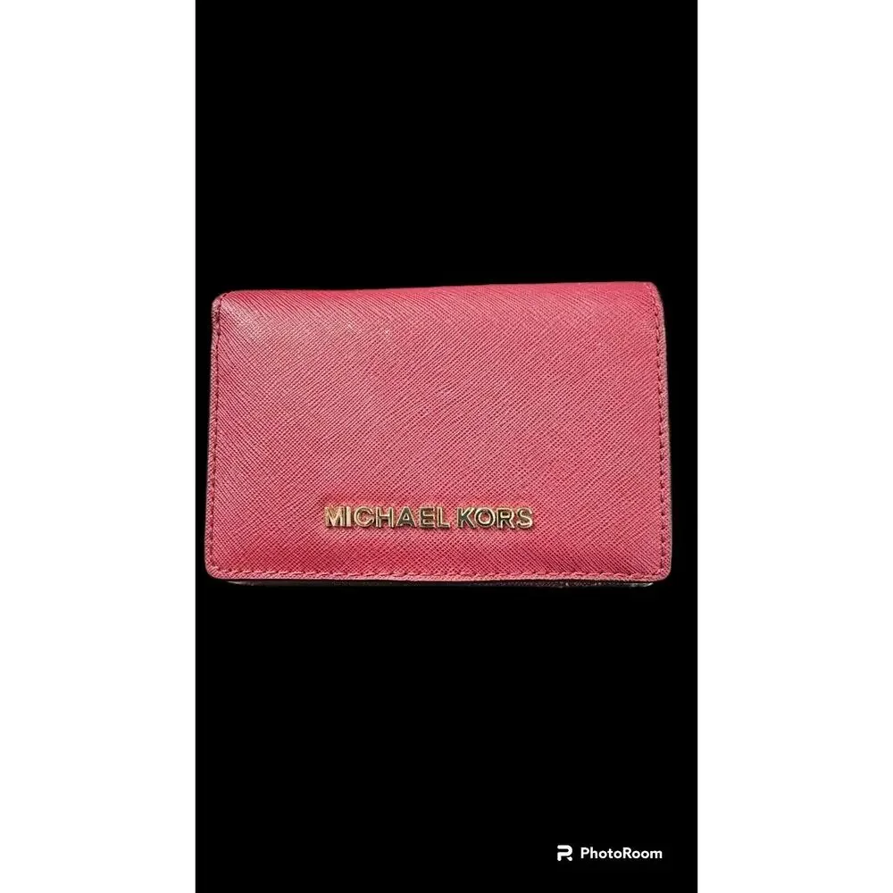 MICHAEL KORS Jet‎ Set Travel Maroon/Red Leather Flap Card Holder Mini Wallet